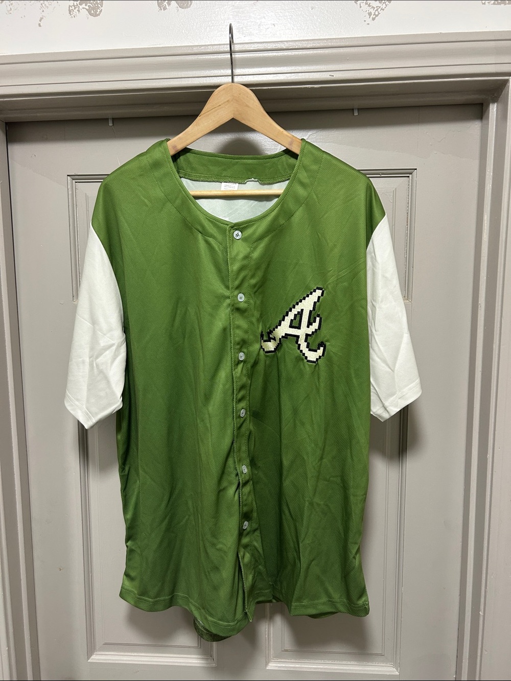 Green and White Baseball-Style Button-Up Shirt with 'A' Logo